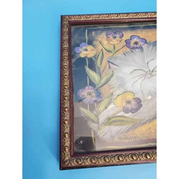 E Smithson  Framed Gray Cat Folk Art Sleeping Kitty Garden Flowers Pansy 17"x9" - Picture 2 of 7